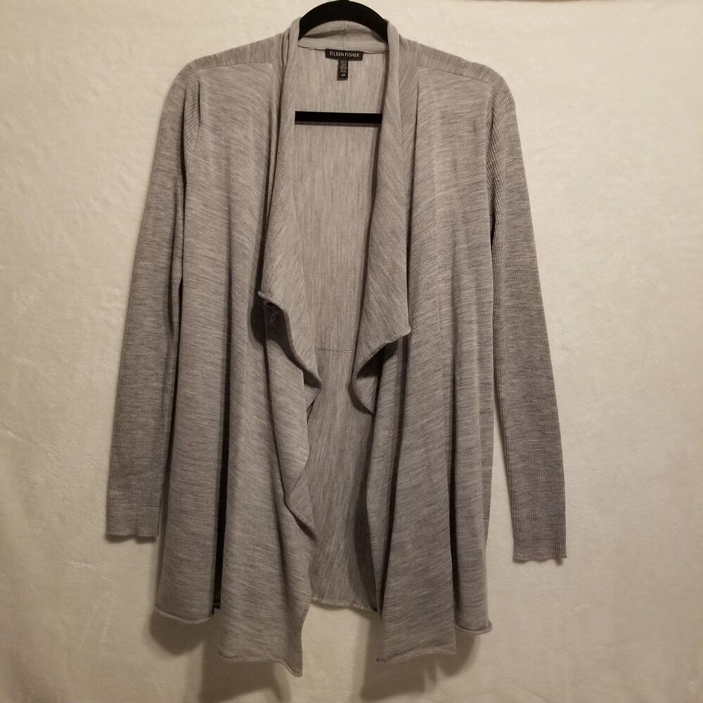 Eileen Fisher S Cardigan Sweater Merino Wool Lightweight Gray Open Front Classic